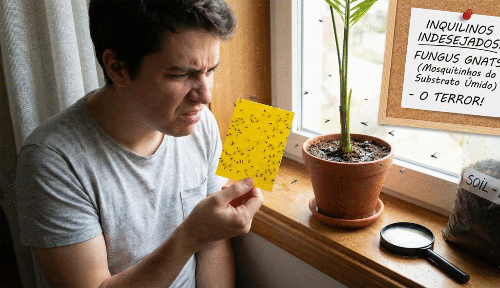 Fungus Gnats, são aqueles mosquitinhos pretos e irritantes que esvoaçam à volta das plantas e do seu rosto