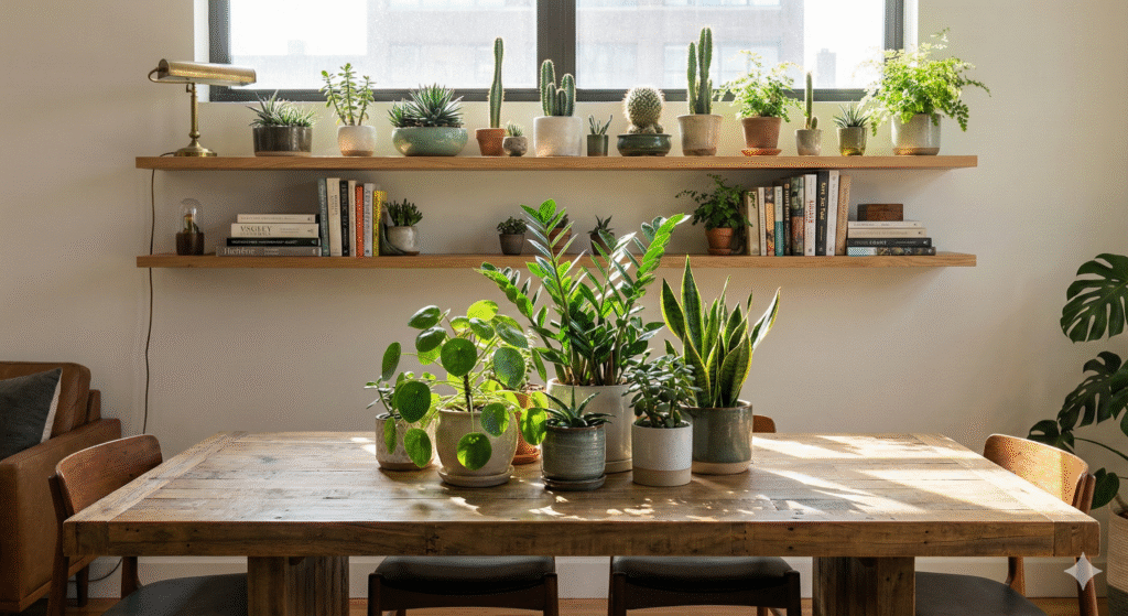 Nível Médio: Mesas, aparadores e prateleiras cheios de plantas de porte médio e pequeno.