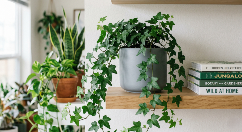 Com suas folhas recortadas e crescimento em forma de trepadeira ou pendente, a hera é extremamente versátil e se adapta a diversas linguagens visuais de interiores